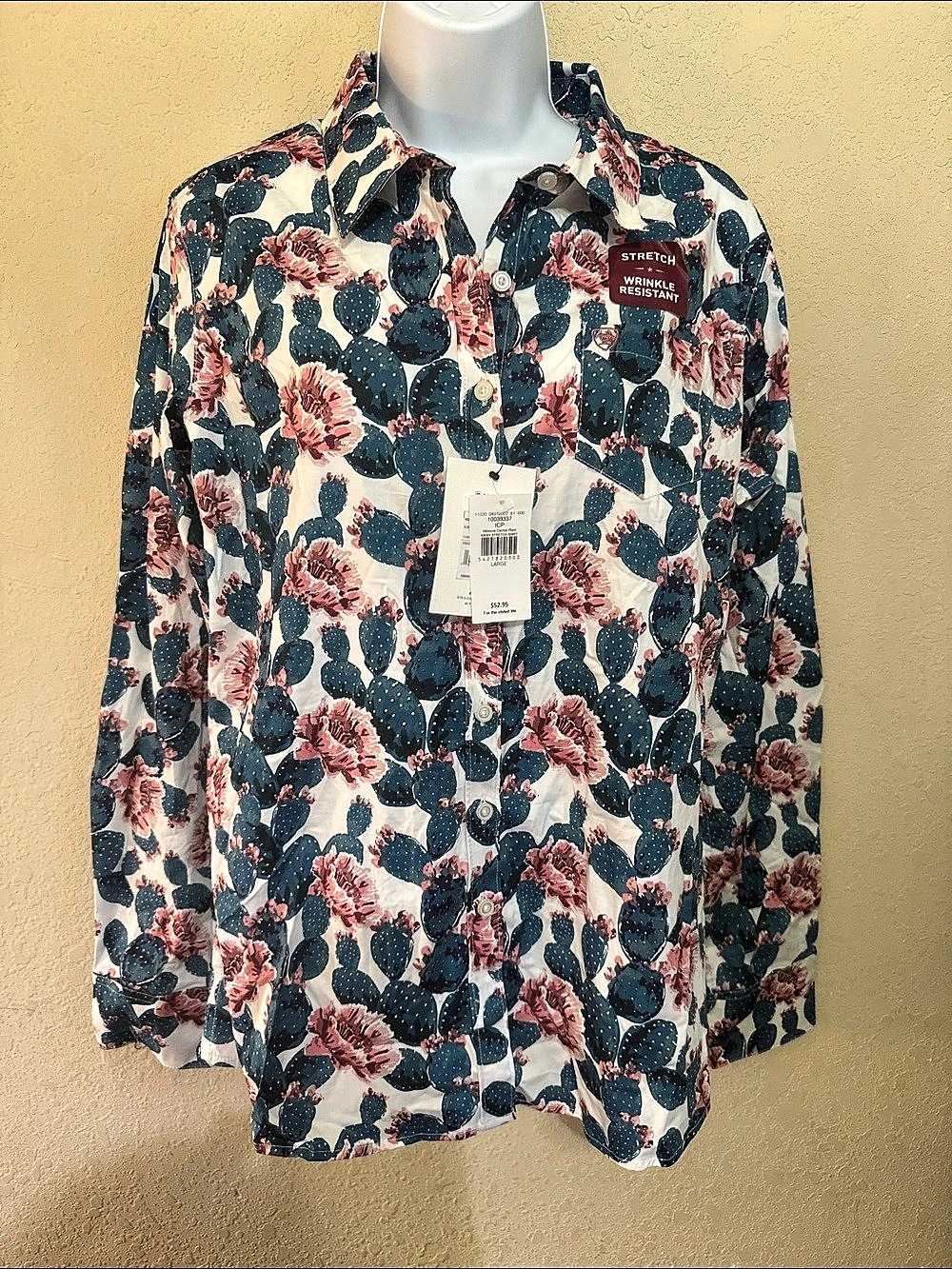 Ariat Kirby Stretch Shirt hibicus cactus button Down Shirt in Blue & Pink Large